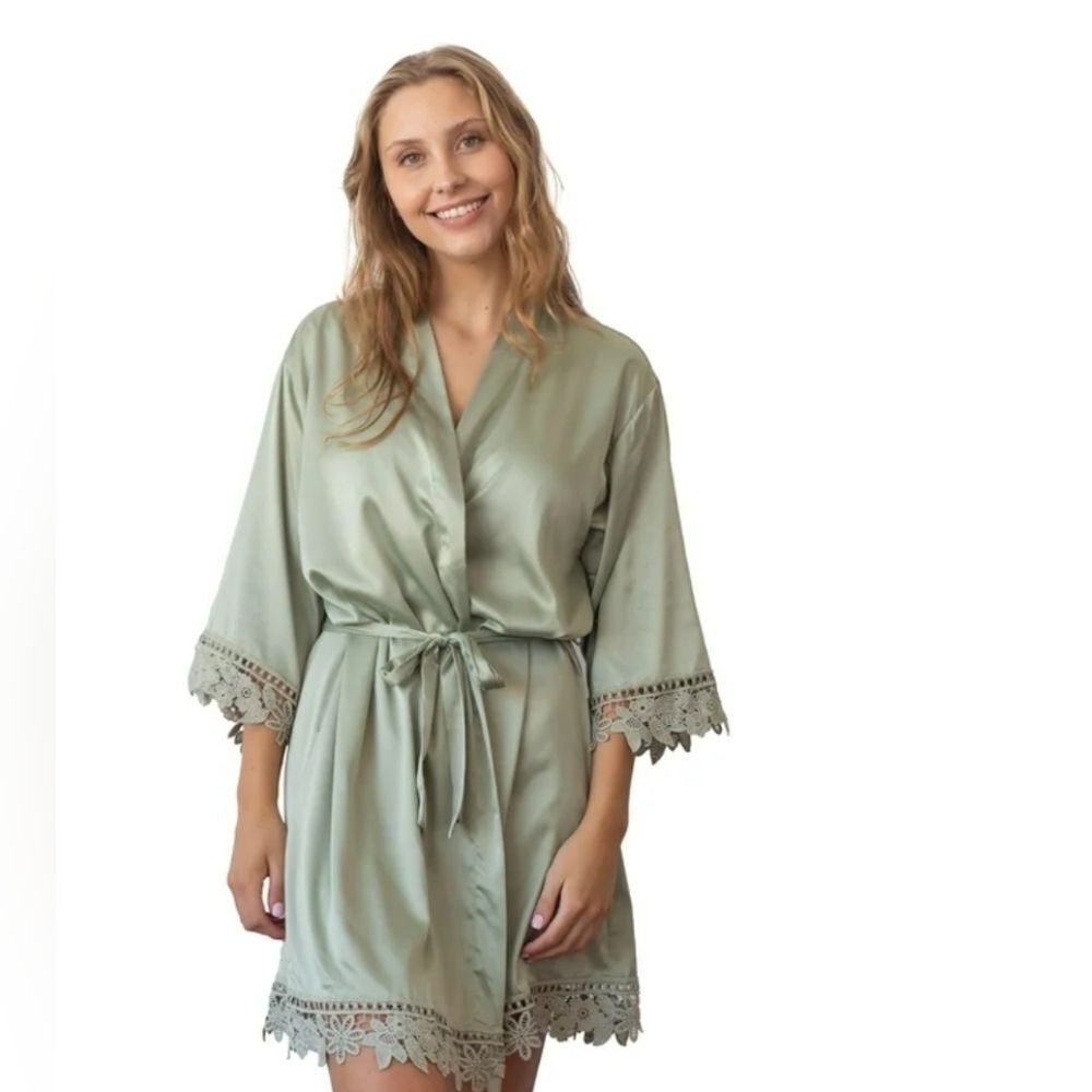 Green Satin Robe with Lace Trim